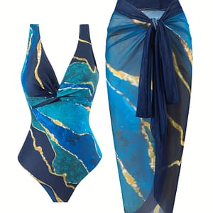 Marble Print Elegant 2 Piece Swimsuits, V Neck High Stretch One-piece Bathing-suit & Cover Up Sarong Skirt, Women’s Swimwear & Clothing Clothing Shop Online at Dubai Trades