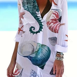 Marine Button Up Shirt, Vacation Long Sleeve Collared Loose Beach Shirt, Women’s Clothing Blouses Shop Online at Dubai Trades