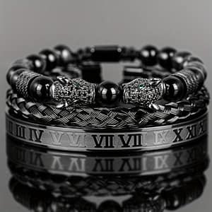 Men’ Agate Bead Double Leopard Head Braided Bracelet Roman Numeral Bracelet Set European And Style Bracelets Shop Online at Dubai Trades