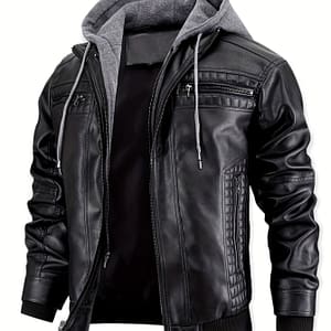 Men’ Black Hooded Jacket With Zipper Pockets – Retro Biker Design, Adjustable Drawstring Hood, Multiple Zippers & Studded Details, Casual Streetwear For Men Clothing Shop Online at Dubai Trades