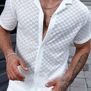 Men’ Color Casual Lace Splice Short Sleeve Shirt For Summer Casual Button-Down Shirts Shop Online at Dubai Trades