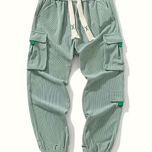Men’ Green Corduroy Cargo Pants With White Drawstring Waist – Polyester, Multi- For Casual Wear, Active Pants Shop Online at Dubai Trades