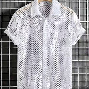 Men’ Hollow Out Lapel Short Sleeve Button Up Shirt For Summer Beach Party, Vacation Active Shop Online at Dubai Trades