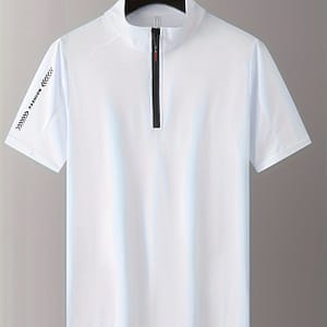 Men’ Knit Shirt – Sleek White With Stand Collar, Short Sleeves & Zipper – Stretchy, Breathable Fabric For Golf & Tennis – Active Shop Online at Dubai Trades