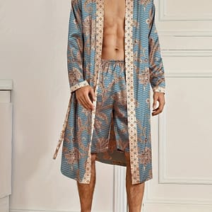 Men’ Robe, Elegant And Light Luxury Pajamas Set, Stylish Gorgeous Floral Print, V-neck Long Sleeve Sleep Robe And Shorts, Sleep Wear Robe Set For Clothing Shop Online at Dubai Trades