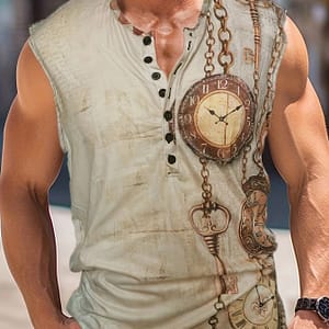 Men’ Steampunk Sleeveless Tank Top With Button Detail – Retro , Black & Cream Polyester , Summer Athletic Shirt For Adults, Summer Tank Tops Clothing Shop Online at Dubai Trades