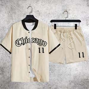 Men’s 2 Piece Outfit, Letter ”chicago” Graphic Baseball Collar Short Sleeve Shirt + Drawstring Waist Shorts Set, Mens Clothing Active Shop Online at Dubai Trades