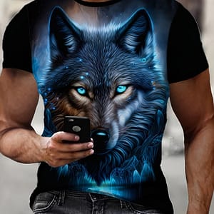 Men’s 3d Wolf Print T-shirt, 95% Polyester 5% Spandex, Casual Crew Neck Short Sleeve Top, Breathable Mesh Knit Fabric, Outdoor Sportswear – Middle Clothing Shop Online at Dubai Trades