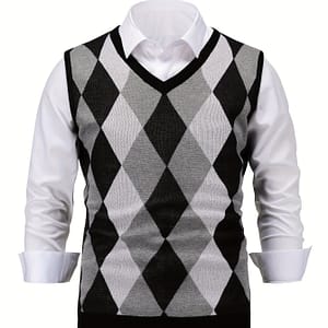 Men’s Argyle Knitted Sleeveless Sweater, Casual V Neck Vest For Outdoor Activities Clothing Shop Online at Dubai Trades