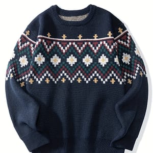 Men’s Autumn And Winter Geometric Pattern Knit Crew Neck Long Sleeve Sweater, Chic And Trendy Tops For Outdoors And Holiday Leisurewear Clothing Shop Online at Dubai Trades