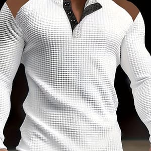 Men’s Autumn And Winter Waffle Knit Long Sleeve Henley Shirt With Shoulder Pieces, Chic And Casual Tops For Outdoors Leisurewear Clothing Shop Online at Dubai Trades