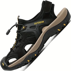 Men’s Breathable Hiking Sandals – Closed Toe, Fisherman Style, Black With Brown & Grey Accents, Elastic Strap, Rubber Sole, Ideal For Summer Outdoor & Casual Wear Athletic Shop Online at Dubai Trades