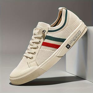 Men’s Breathable Knit Sneakers – Comfortable & Casual Lace-up Footwear With Eva Sole | Beige With Red/green Strip Detail | Ideal For Daily Use & Running Clothing, Shoes & Jewelry Shop Online at Dubai Trades