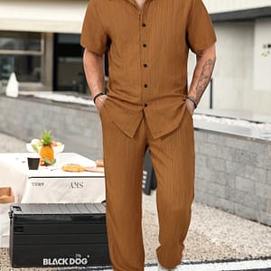 Men’s Casual 2-piece Outfit, Summer Solid Color Shirt & Pants Set, Comfy Button Up Shirt, Breathable Drawstring Pants Active Shop Online at Dubai Trades