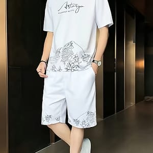 Men’s Casual 2pcs Set: Crew Neck Short Sleeve T-shirt & Drawstring Shorts – Breathable Polyester, Summer Fashion Clothing Shop Online at Dubai Trades