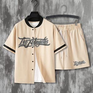 Men’s Casual Baseball-inspired Outfit: Short Sleeve Printed Shirt & Drawstring Shorts Set – Polyester, Summer Fashion Active Shop Online at Dubai Trades