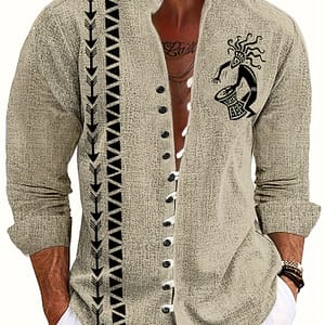 Men’s Casual Beige Collar Shirt With 3d Tribal Totem Print, 100% Polyester Woven Fabric, Regular Fit With Buttons, Non-stretch 120gsm – Ethnic Style Outdoor Top Casual Button-Down Shirts Shop Online at Dubai Trades