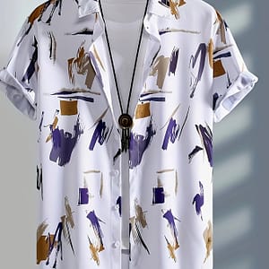 Men’s Casual Graffiti Print Short Sleeve Shirt – Breathable Polyester Blend, Machine Washable, Button-up Collar For Summer Casual Button-Down Shirts Shop Online at Dubai Trades