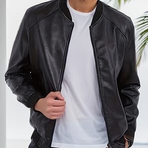 Men’s Casual Leather Jacket With Fleece Lining, Baseball Collar, Long Sleeve, Regular Fit, Solid Color, Zipper Closure – Polyester Lined Polyurethane 100% Outerwear Clothing Shop Online at Dubai Trades