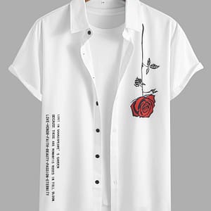 Men’s Casual Rose Print Short Sleeve Shirt – Polyester, Button-up With Asymmetrical Hem, Summer Fashion, Black & White With , Print Shirt Casual Button-Down Shirts Shop Online at Dubai Trades