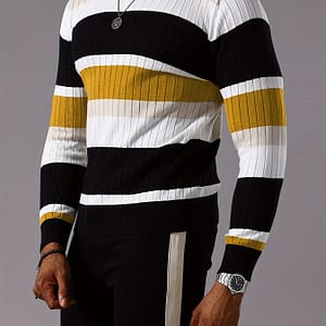 Men’s Casual Striped Color Long Sleeve Knit Pullover – Round Neck, Machine Washable, Striped, Base Layer Clothing Shop Online at Dubai Trades