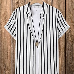 Men’s Casual Striped Shirt, 100% Polyester, Non-stretch Woven Fabric, Regular Fit, Summer Lapel Collar, Solid Color, 120gsm – Available In Multiple Sizes Casual Button-Down Shirts Shop Online at Dubai Trades