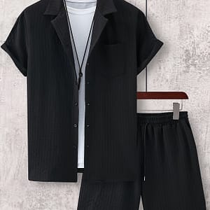 Men’s Casual Summer Outfit Set – Slim Fit Short Sleeve Button-up Shirt & Drawstring Shorts, Machine Washable Clothing Shop Online at Dubai Trades
