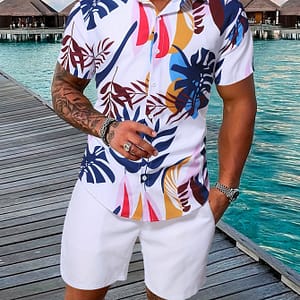 Men’s Casual Summer Set: Leaf Print Short Sleeve Shirt & Solid Color Shorts – Polyester, Machine Washable Active Shop Online at Dubai Trades