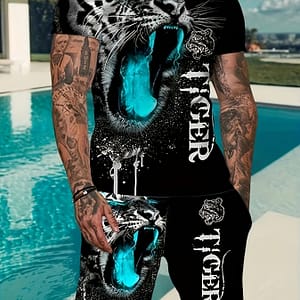 Men’s Casual Summer Short Sleeve Set – Breathable Polyester, Cool Leopard , Regular Neck Tee & Shorts Combo, Ideal For Casual Attire, Leopard Print Outfit Clothing Shop Online at Dubai Trades