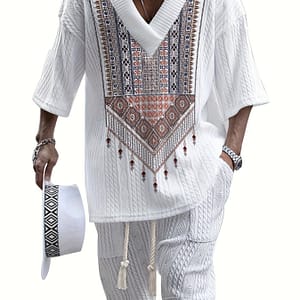 Men’s Casual Summer V-neck T-shirt & Shorts Set – 3d Print, Loose Fit, Short Sleeve, Non-stretch Polyester, Plus Size, Knit Active Shop Online at Dubai Trades