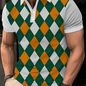 Men’s Color Blocking Plaid Golf Shirt For Summer, Casual Stylish Short Sleeve Top As Gift, Breathable, Collar Clothing Shop Online at Dubai Trades