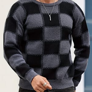 Men’s Color Blocking Textured Checked Trendy Sweater, Long Sleeve Pullover As Gift For Fall And Winter Clothing Shop Online at Dubai Trades