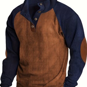 Men’s Color Matching Corduroy Henley Shirt, Casual Breathable Half Button Long Sleeve Shirt For Outdoor Activities Clothing Shop Online at Dubai Trades