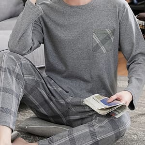 Men’s Cozy Gray Long Sleeve Round Neck Top With Plaid Pants Pajama Set – Polyester, Machine Washable, Ideal For Home Or Outdoor Wear Clothing Shop Online at Dubai Trades
