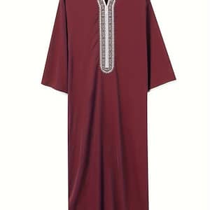 Men’s Elegant Maroon Kaftan With Intricate Detail – Casual, Non-stretch Polyester, V-neck, Regular Fit, Wear, Casual Attire|elegant Vneckline|decorative , Kaftan Clothing Shop Online at Dubai Trades