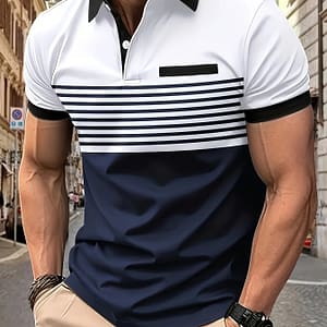 Men’s Fashion Casual Summer Street Style Shirt, 100% Polyester Knit Fabric, Asymmetrical Lapel Collar, Striped Pattern, Slight Stretch, Regular Fit, 178 Gsm – Green & Navy Civil Service Shop Online at Dubai Trades