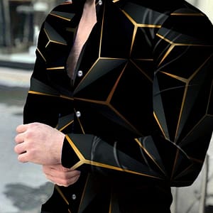 Men’s Fashion Geometric Print Shirt, Casual Long Sleeve Lapel Button Up Shirt For Outdoor Casual Button-Down Shirts Shop Online at Dubai Trades