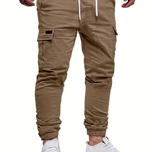 Men’s Fashion, Regular Fit And Cuffed Solid Cargo Pants With Flap Pockets, Chic And Trendy Solid Drawstring Leisure Trousers For Daily Outerwear Active Shop Online at Dubai Trades