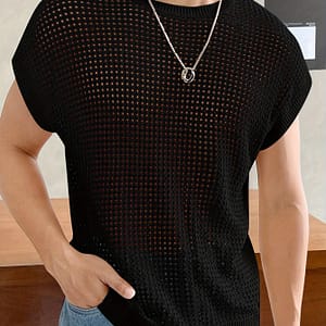 Men’s Fashionable Hollow-out Knit Sweater – Short Sleeve, Round Neck, Breathable Polyester, Top For Casual & Semi-formal Wear Clothing Shop Online at Dubai Trades