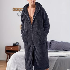 Men’s Fleece Plush Robe Hooded Full Zipper Long Warm Bathrobe With Pocket Clothing Shop Online at Dubai Trades