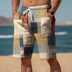 Men’s Geometric-patterned Casual Beach Shorts, 100% Polyester, Slight Stretch, Drawstring, Regular Fit, Woven Fabric, 120g/m² – European And Summer Fashion Clothing Shop Online at Dubai Trades