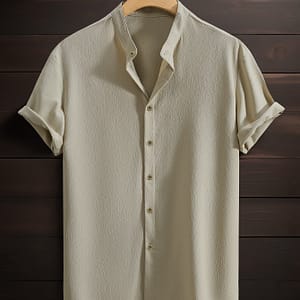 Men’s Green Short-sleeve Button-up Shirt – Casual, Breathable Polyester With Stand Collar, Ideal For & Beach Vacations Casual Button-Down Shirts Shop Online at Dubai Trades