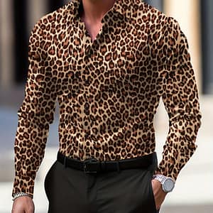 Men’s Leopard Skin Shirt, Casual Lapel Skinny Button Up Long Sleeve Shirt For Casual Button-Down Shirts Shop Online at Dubai Trades