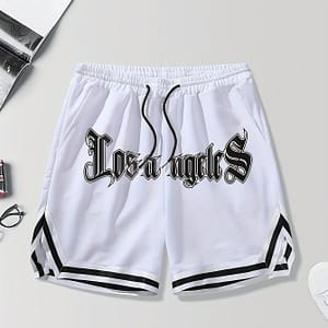Men’s Los Angeles Print Basketball Shorts, Casual Loose Fit Polyester 100% Woven Fabric, Non-stretch Sports Shorts With Drawstring For Workout & Outdoor, Alphabet Pattern Clothing Shop Online at Dubai Trades