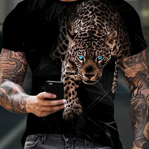 Men’s Novelty Leopard Graphic Tee – Comfortable Polyester, Casual Round Neck Short Sleeve T-shirt With Realistic Animal Print For Summer Wear Active Shop Online at Dubai Trades