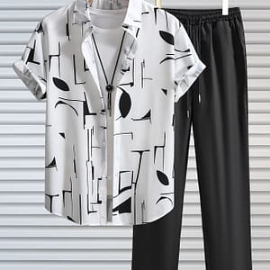 Men’s Outfit, Casual Geometric Lapel Short Sleeve Button Up Shirt & Drawstring Pants 2-piece Set For Outdoor Activities Active Shop Online at Dubai Trades