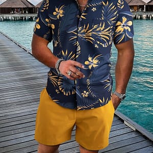 Men’s Outfit, Casual Leaves Print Lapel Short Sleeve Button Up Shirt With Chest Pocket & Shorts 2-piece Co Ord Set For Outdoor Activities Active Shop Online at Dubai Trades