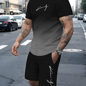 Men’s Outfit, Gradient Color King Graphic Print Casual Crew Neck Short Sleeve T-shirt & Drawstring Shorts 2-piece Set For Summer Outdoor Activities Active Shop Online at Dubai Trades