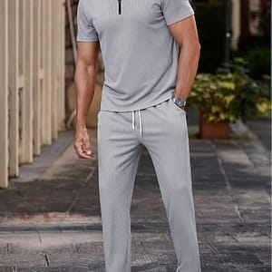Men’s Outfit, Solid Casual Lapel Half Zipper Short Sleeve Shirt & Drawstring Pants 2-piece Set For Outdoor Activities Active Shop Online at Dubai Trades