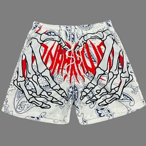 Men’s Paisley And Skeleton Hand Pattern And Alphabet Print Shorts With Drawstring And Pockets, Trendy And Chic Shorts For Summer Street Wear Clothing Shop Online at Dubai Trades
